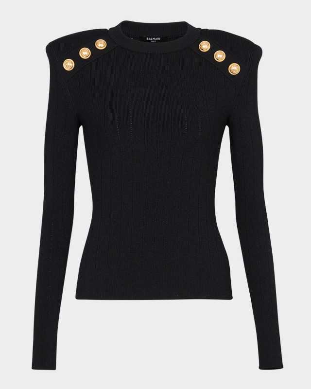Button Strong-Shoulder Pointelle Rib Knit Sweater